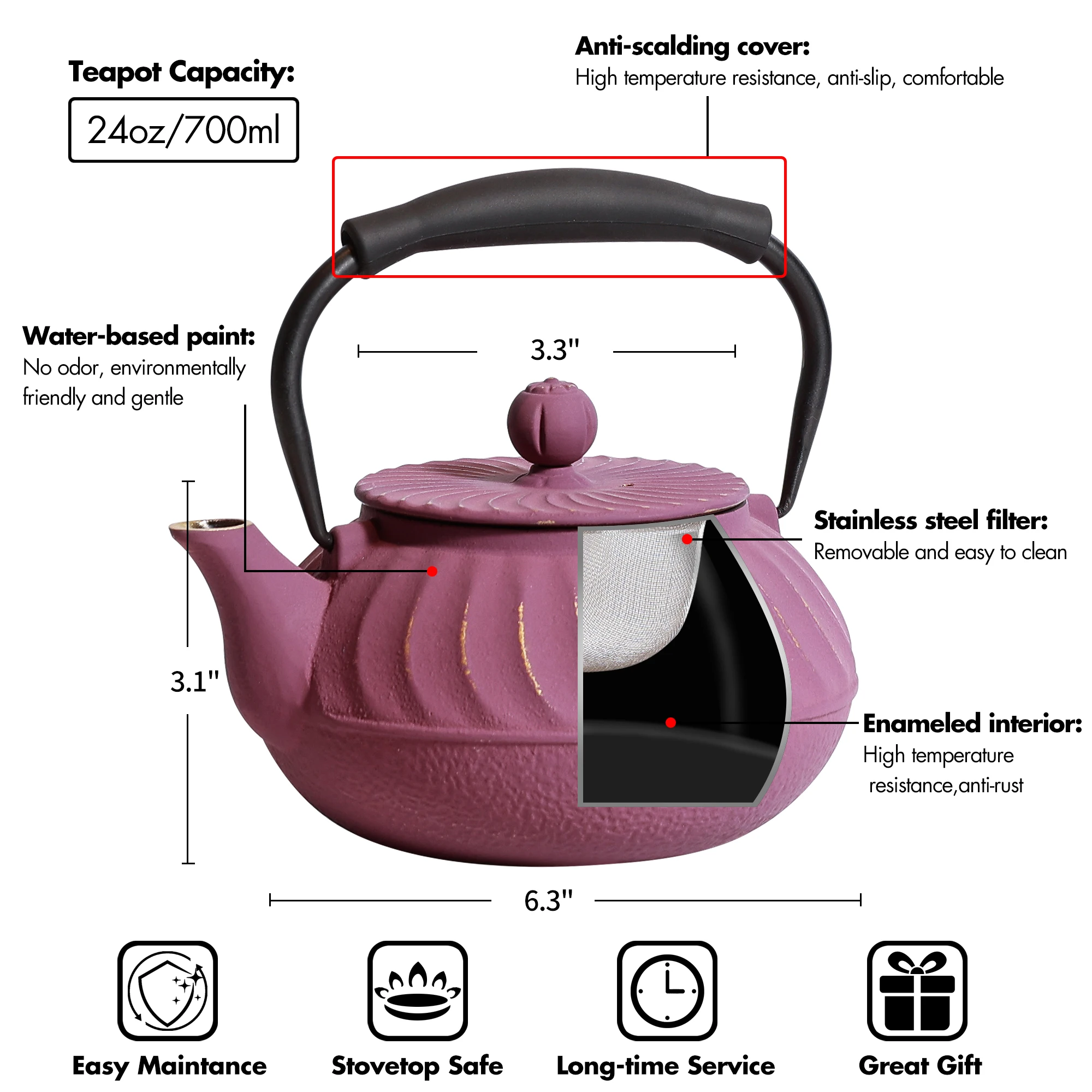 Cast Iron Teapot with Infuser,  Wave Design Cast Iron Teakettle Coated with Enameled Interior for 24oz (700ml), Green