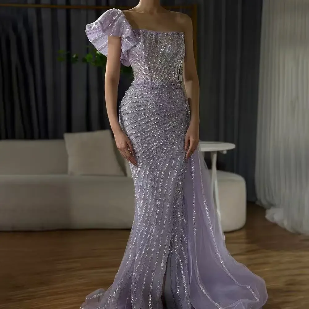 SERENE HILL Customized Lilac Luxury Beaded Mermaid Evening Dress 2025 Arabic Sexy Slit Women Formal Occasion Party Gown GLA72277