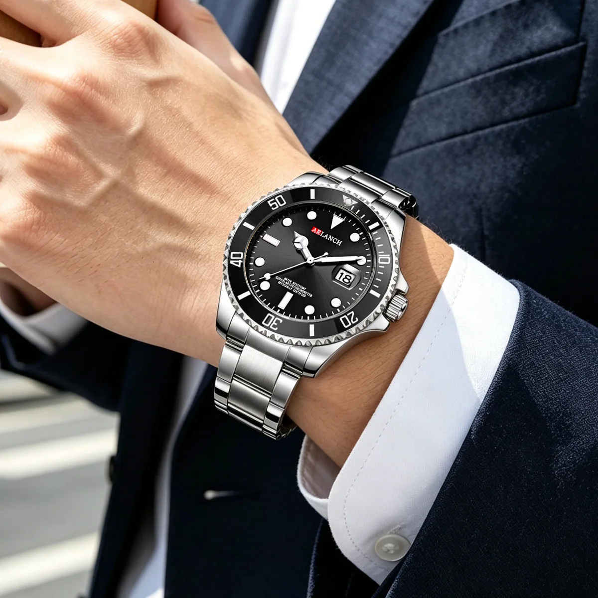 Relógio de Aço Inoxidável 40mm, Estilo Empresarial, Série de Mergulho com Círculo Vermelho e Azul, Relógio de Quartzo com Lente de Aumento e Calendário, montre homme
