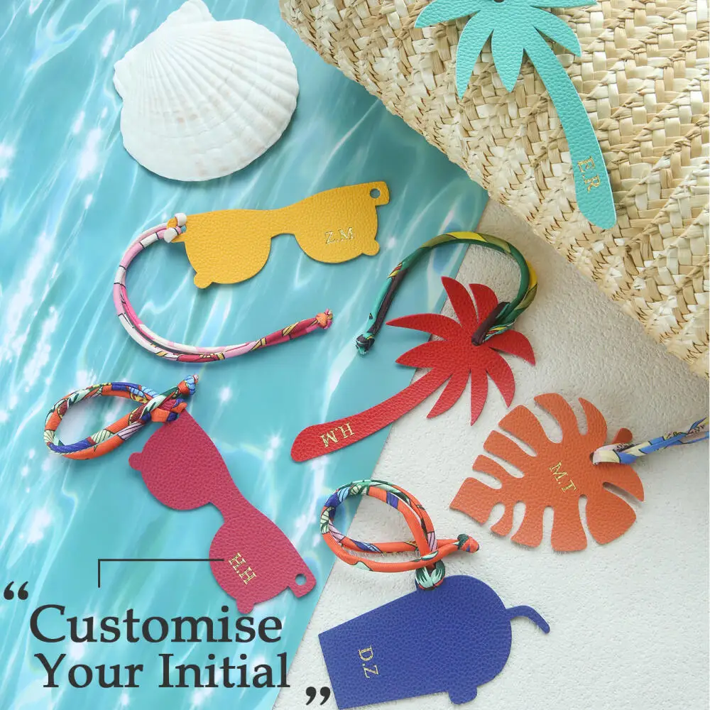 Personalized Custom Dual Initial Leather Luggage Tag Colorful Silk Scarf Strap Multi Shapes Beach Travel Suitcase Anti-Lost Tag