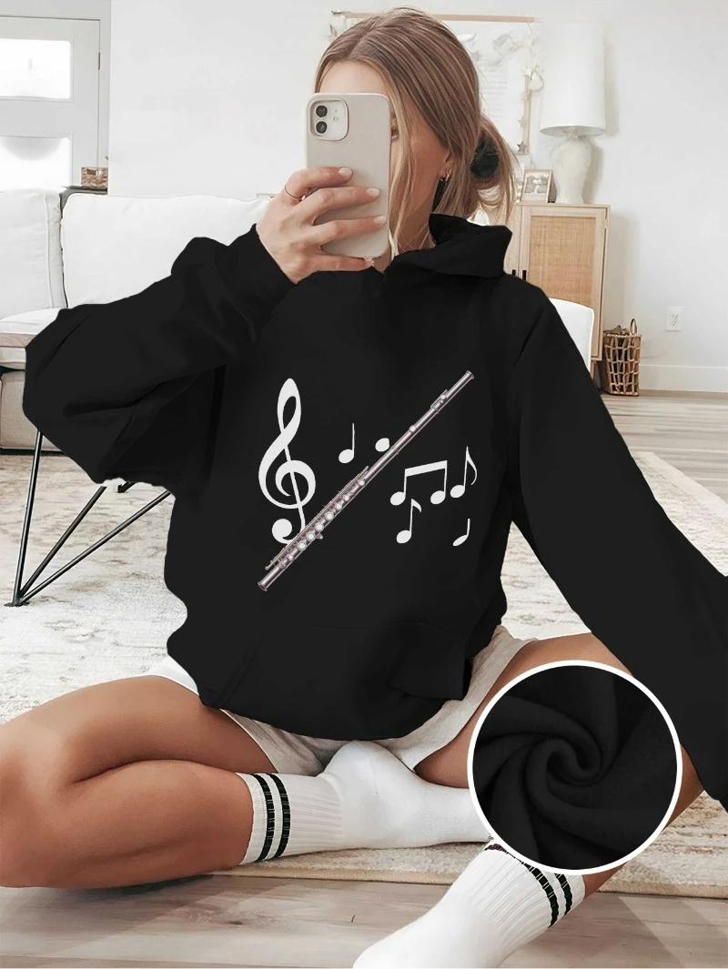 

2025 Women's Red Hoodie with Silvery Flute & Musical Notes Design - Cozy Long Sleeve Pullover, , Front Pocket, Fall_winter