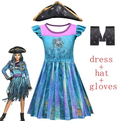 Descendants 3 Halloween Costume for Kids Character Mal Bertha Maleficent Curls Cosplay Girls Party Clothing Dress Wig Gloves