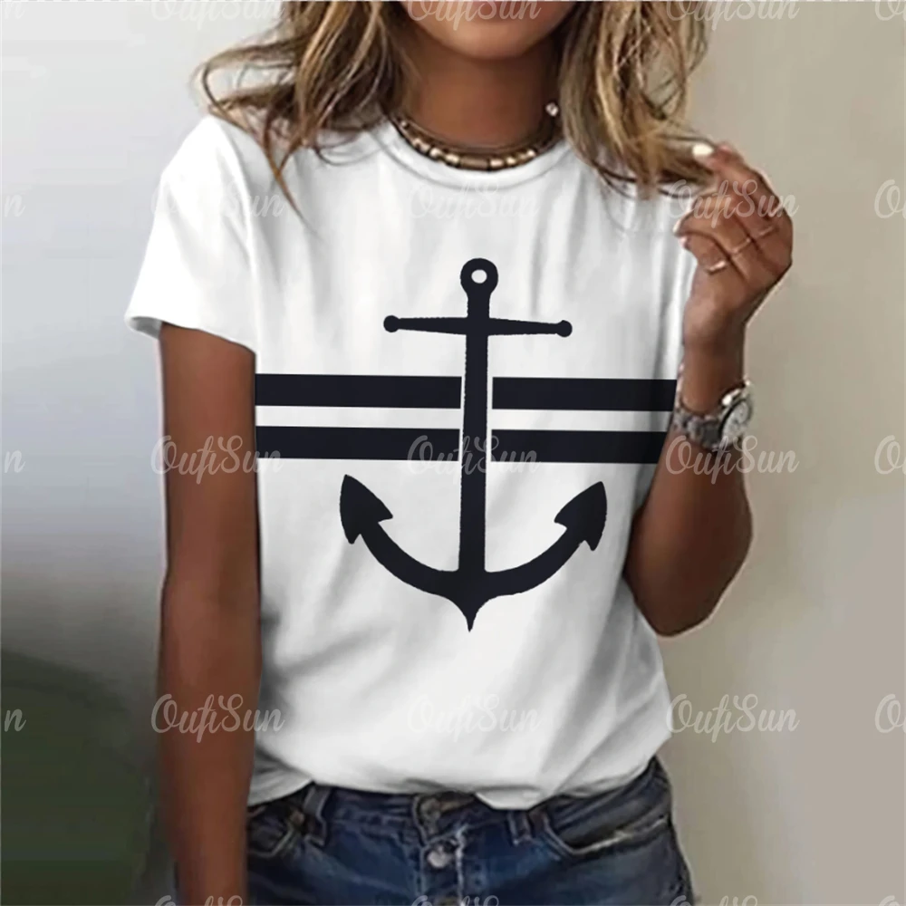 Women\'s T Shirt Ship Anchor Print Summer Casual Short Sleeve 3d T Shirts Streetwear O Neck Pullover Oversized Female Clothing