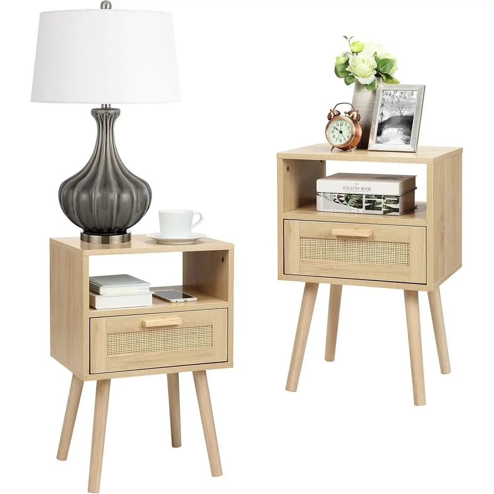 

Nightstands Set of 2 End Table Nightstand Side Table with Hand Made Rattan Decorated Drawers Wood Accent Table with Storage