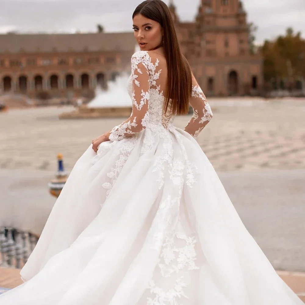 فساتين زفاف Flavinke مخصصة بأكمام طويلة على شكل قلب على شكل حرف a مزينة بالدانتيل فستان العروس الأميرة 2025 Vestido De Noiva
