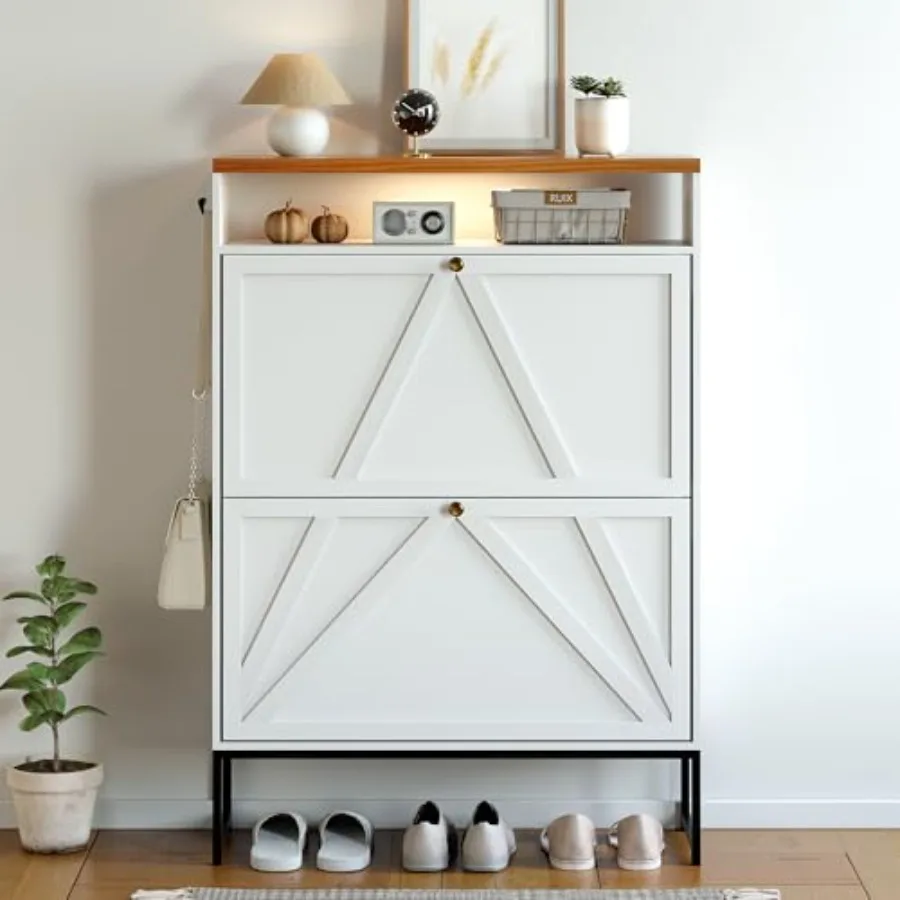 

Shoe Storage Cabinet with 2 Flip Drawers Modern Hidden Shoe Storage Organizer Narrow Wooden Freestanding Shoe Rack with Motion