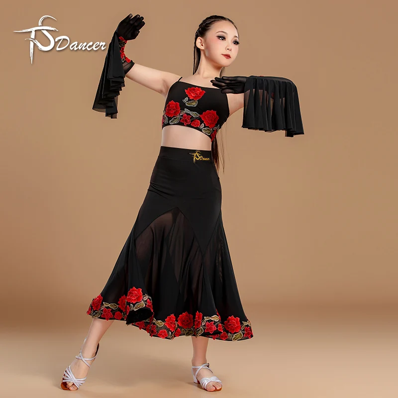 Camisola de encaje bordado de verano de nuevo estilo de baile latino profesional para niños con falda grande ropa de práctica y actuación