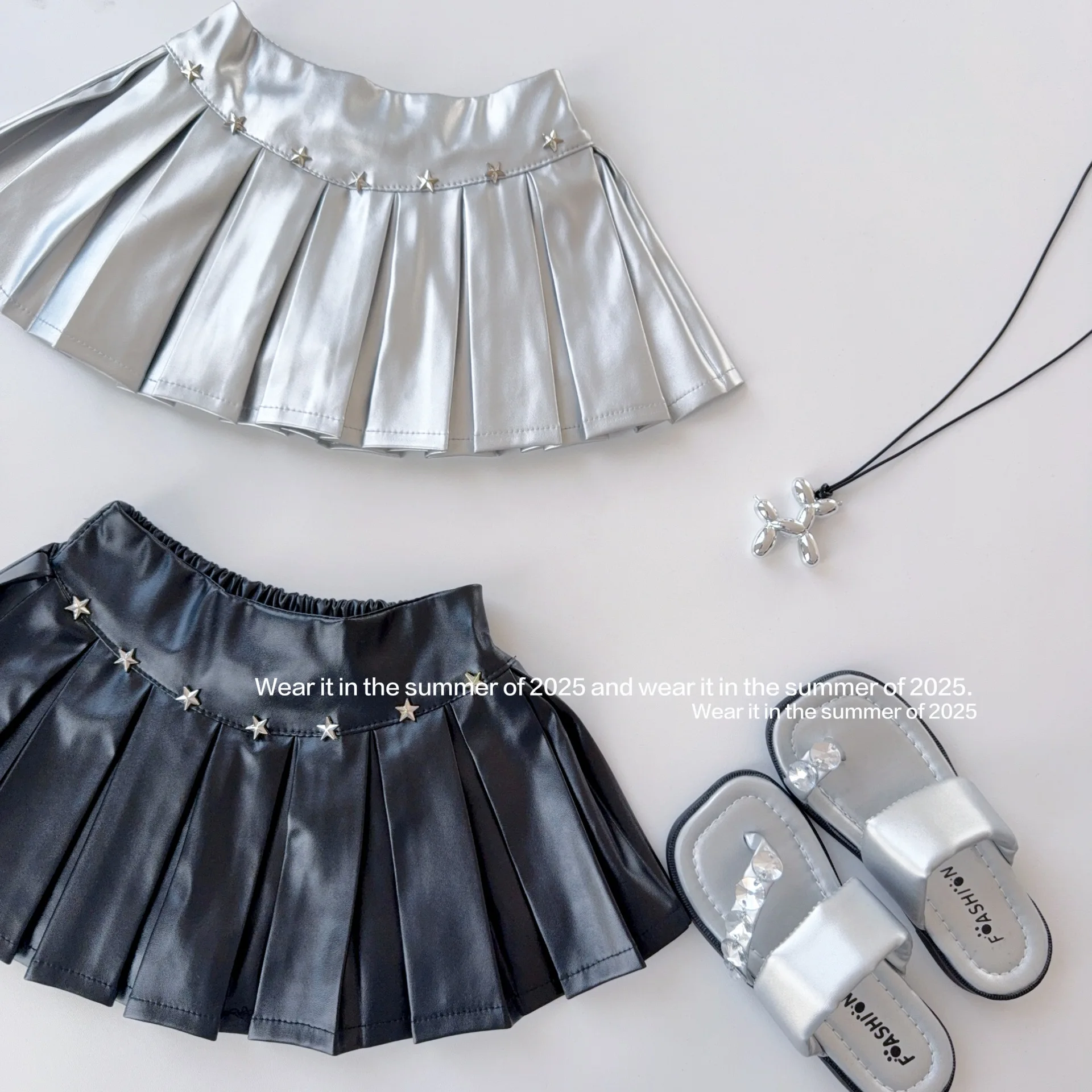 Girls Pu Silver Skirt Star Appliques High Waist A-line Pleated Mini Skirts 2-10Y Kids Summer All-match Outfit Soft Half Skirt