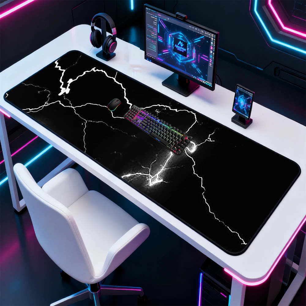 Lightning Abstract Mouse Pad Office Gaming Desk Mat 160x60 1800x600 Black White Monochrome Large Mousepad Accessories Full Desk