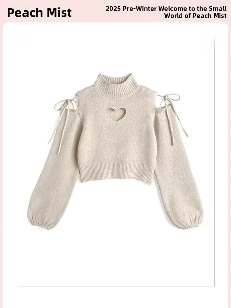 Sweet Heart Hollow out Shoulder Tied Short Knitted Sweater for Women Winter New Style Polyester Fiber Casual Sweet Style