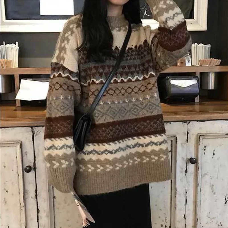 New Vintage Sweater Women\'s Pullover Winter Striped Pullover Korean Version Loose Pullover Knitted Casual Loose Sweater Women