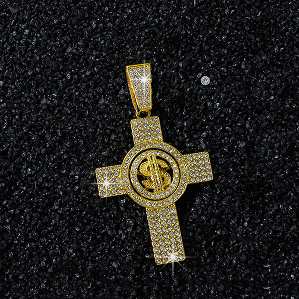 Men Hip Hop Cross Pendant Necklace with 13mm Miami Cuban Chain Rotatable US Dollar Money Sign Pendants Necklaces Fashion Jewelry