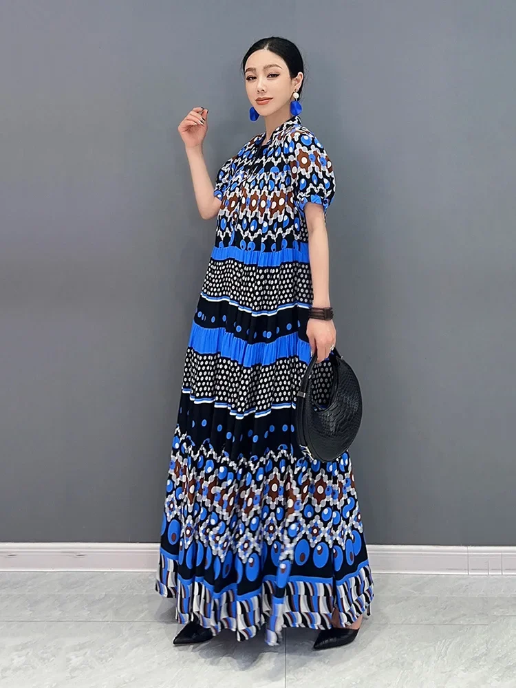 XITAO Vintage Print Female Dress Loose Fashion Contrast Color Stand Collar Short Sleeves Dress 2024 Summer New Women ZY8693