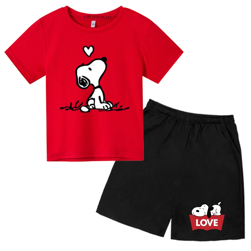 Children's TShirts Boys Girls Fashion Set Summer T-shirt Cute Snoopy Cotton Print Round Neck Short Sleeve+Shorts Kids Clothes