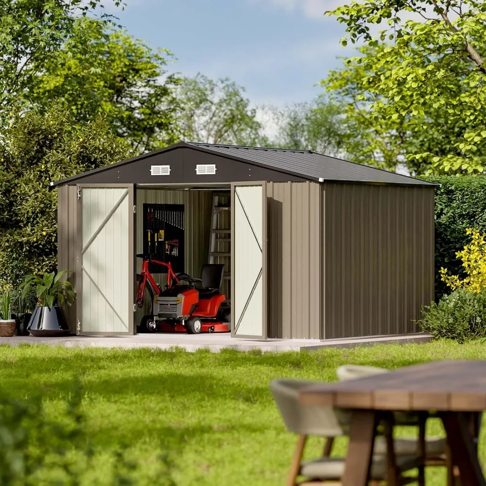 10 x 8 FT Outdoor Storage Shed, Large Garden Tool Metal Shed with Sloping Roof and Double Lockable Door for Backyard Garden