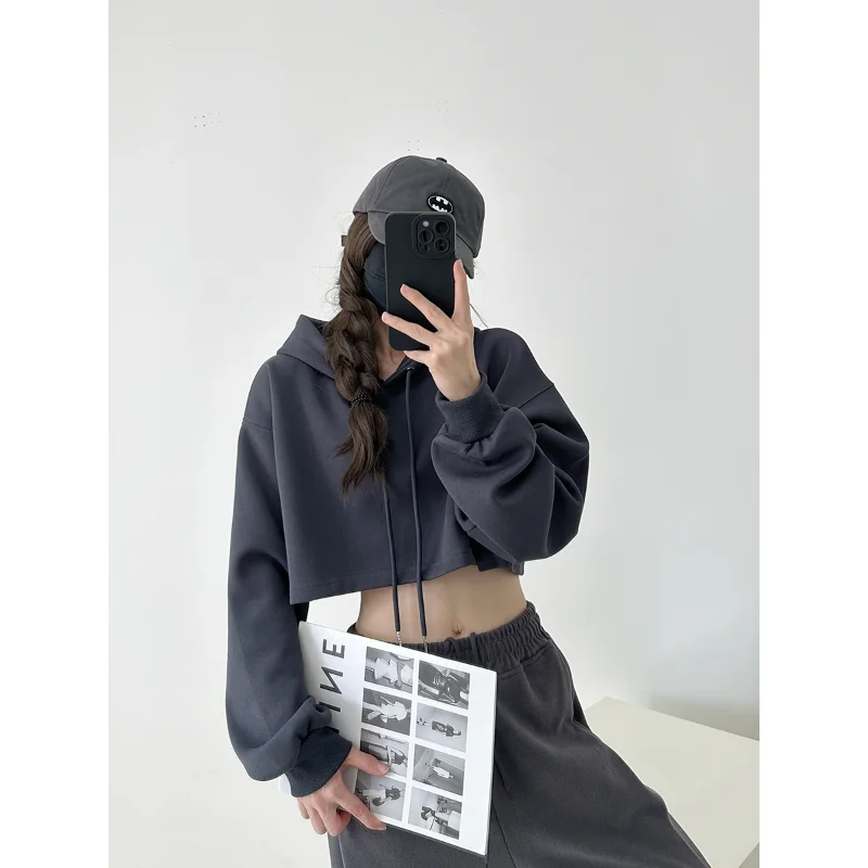캐주얼 아메리칸 스타일 후드티 여성용 트렌디 스트리트 하이웨이스트 크롭탑 루즈핏 엘레 스타일 겨울 아우터