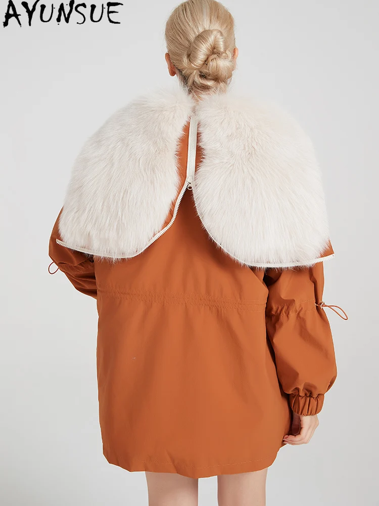 Płaszcz z futra królika Rex AYUNSUE 2025, parka z prawdziwego futra, damska odzież zimowa, ciepła, z kołnierzem z futra lisa, płaszcze damskie średniej długości, Пальто Женское