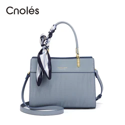 Cnoles Brand Elegant Women Handbag 2022 Fashion Blue Luxury Shoulder Bag Scarf Decoration Lady Top-Handle Bags