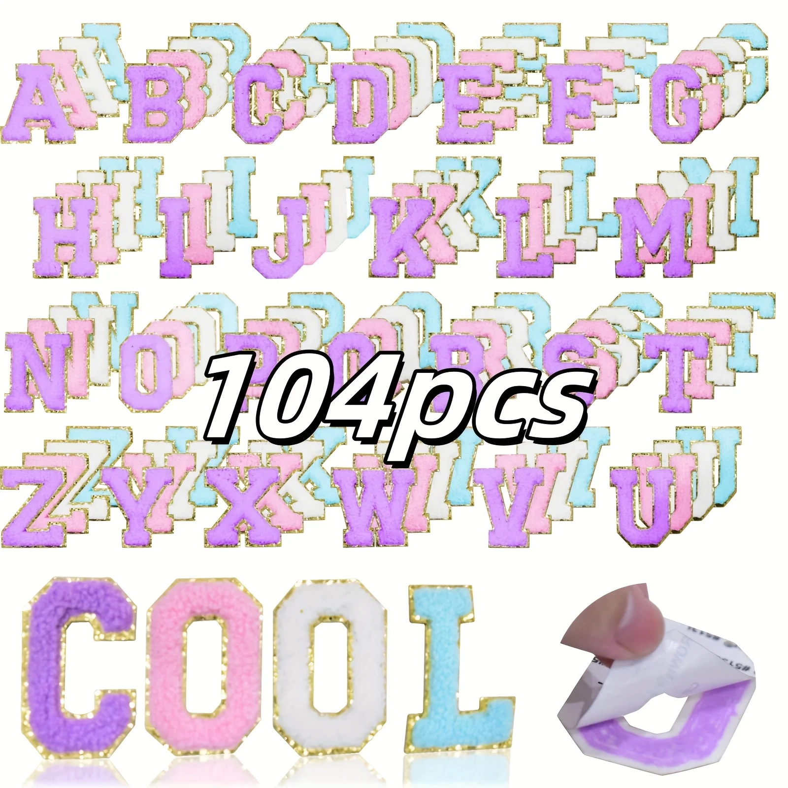 

104 нашивки-буквы для пришивания: тканевые аппликации без шитья A-Z для одежды, сумок, поделок — белые, розовые, фиолетовые, синие (5,6 см)