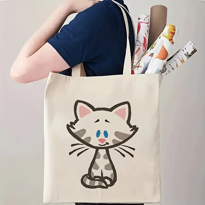 1 Piece Single-Sided Large-Capacity Foldable Tote Bag with Cute Cat Pattern--Made of Durable Polyester Fiber, Suitable for Travel, Picnics, Parties, Machine Washable, Beige High-Quality Gift Item, Simple Shoulder Strap Design, Casual Travel Accessory | Fun Design | Sturdy Handle