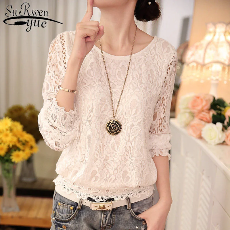 

2023 Fashion Summer White Lace Women's Clothing Long Sleeve Chiffon Women Shirts Blouses Blusas Black Women's Tops Blouse 51C