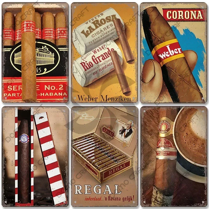 Cigar Plaques Retro Metal Plate Gentleman Smoke Cigars Whisky Vintage Metal Tin Signs Bar Man Cave Wall Decor Tinplate Painting