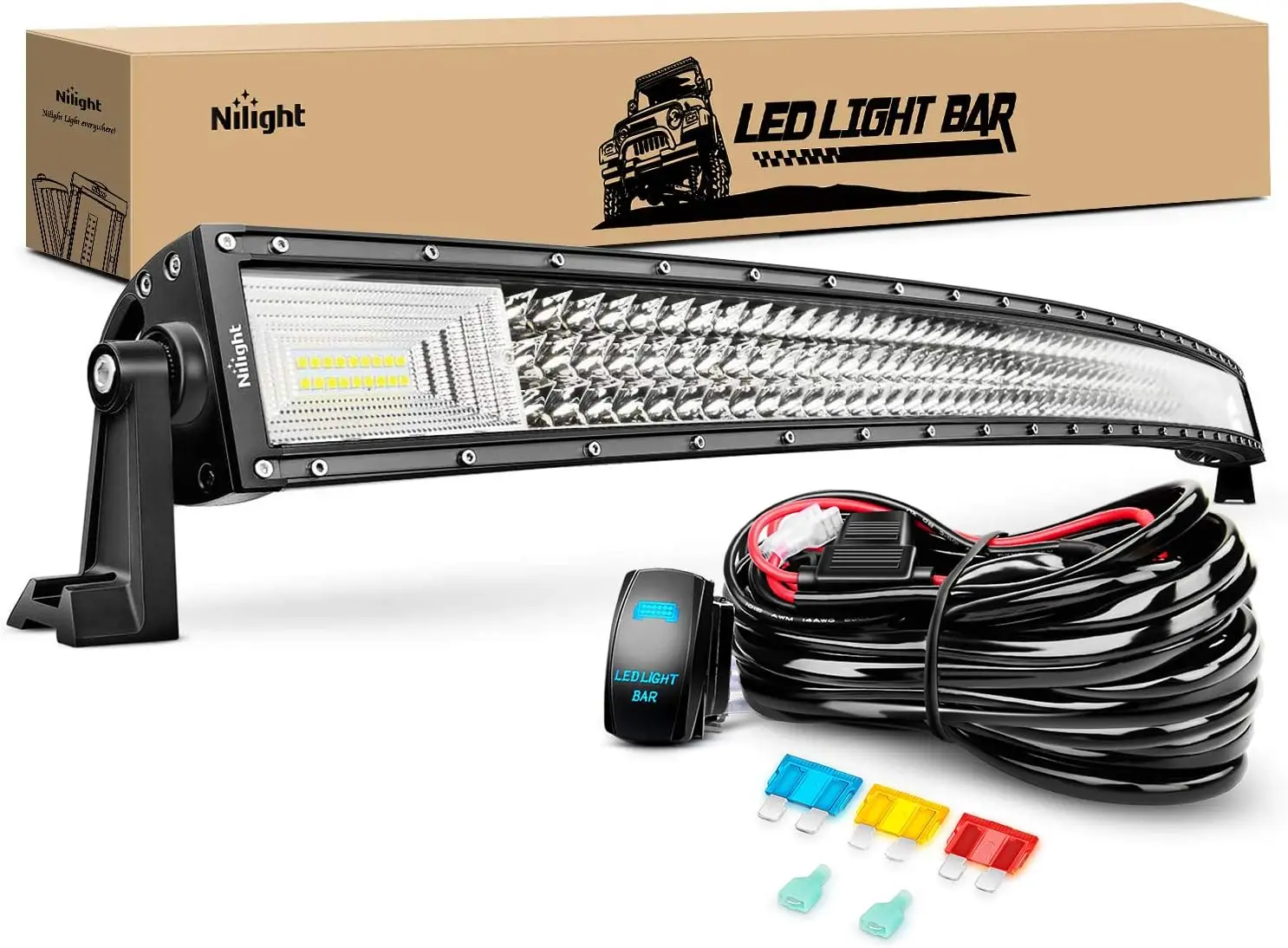 

52-Inch Curved Triple Row LED Light Bar, 78,000LM Flood Spot Combo Beam with Waterproof Wiring Harness Kit