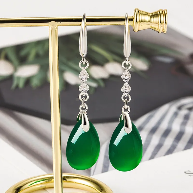 Jade Water droplet Earrings for Women Green Fashion Jewelry Gemstones Natural Chinese Charm Real Charms 925 Silver Luxury