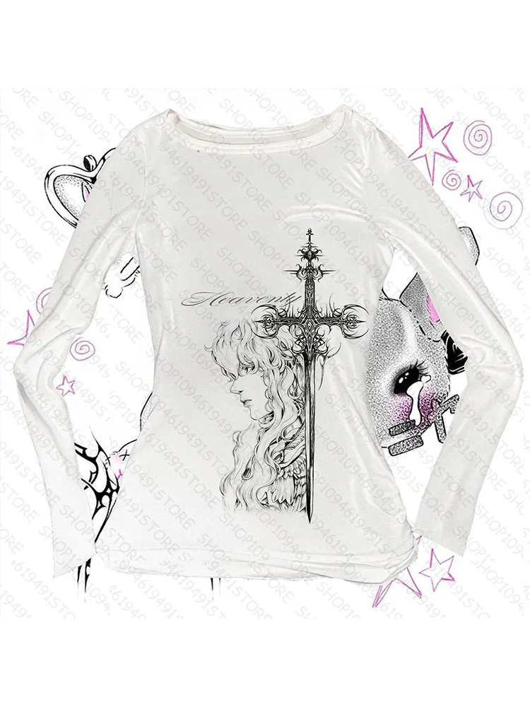 Y2k Gothic Punk Streetwear Women's Summer Casual Grunge Graphic Print Slim Long Sleeve T-Shirt 2000s Crop Tops Vintage E-girls