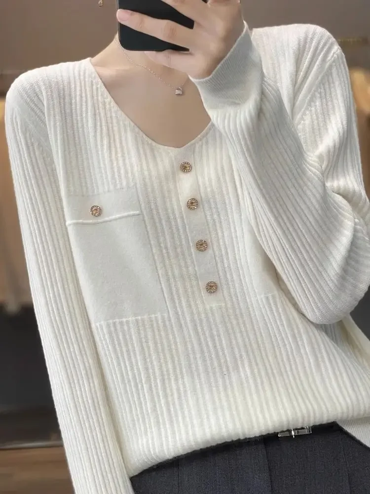 Chic Tops Knit Sweater Bottoms Shirt Low Neck V-neck Spring Fall Winter Outside Wear Small Fragrant Wind Soft Large Size Sweater