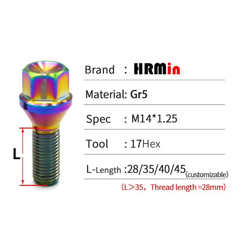 HRMin M14*1.25*28-45mm High quality Gr.5 titanium Conical seat automotive wheel titanium bolt  hub bolt For BMW MINI Racing car