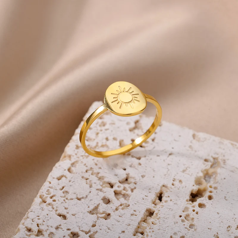 Stainless Steel Sun Rings For Women Men Gold Color Engagement Wedding Ring Female Male Fashion Finger Jewelry Birthday Gift