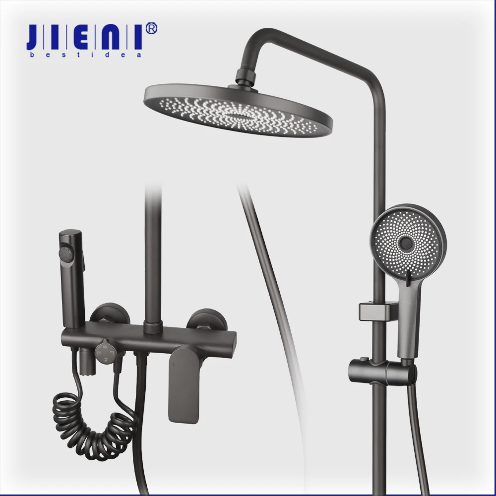 JEINI Matte Grey Bathroom Shower Set 4 Ways Control Round Shower Head Rain Bath Mixer Shower W/ Mop Spout & Bidet Spray Faucet