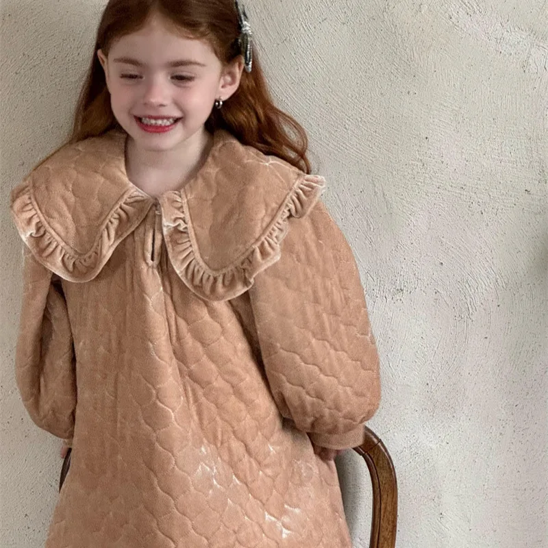 Childrens Dress Autumn and Winter New Girls Korean Version Cotton Padded Thick Velvet Big Ruffle Edge Lapel Dress Kids Clothes