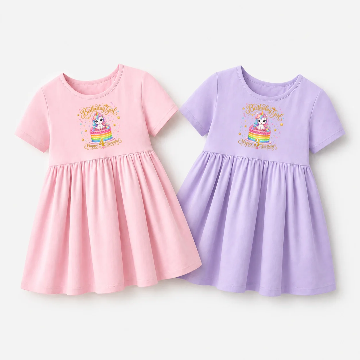 Toddler Girls Soft Cotton Short Sleeved Dress Unicorn Birthday Cake Skirt Round Neck A-Line Dresses 3-9 Years Old