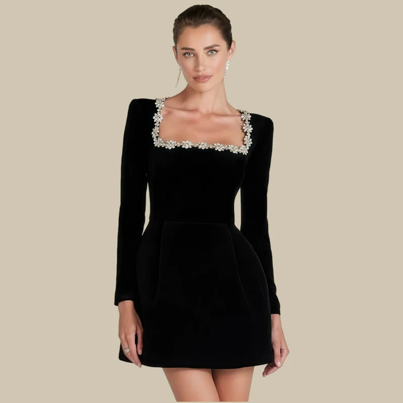 

Spring 2026 New Fashion High-end Elegant Solid Color Long-sleeved Women Dress French Style Square Neck Rhinestone Bandage Dress