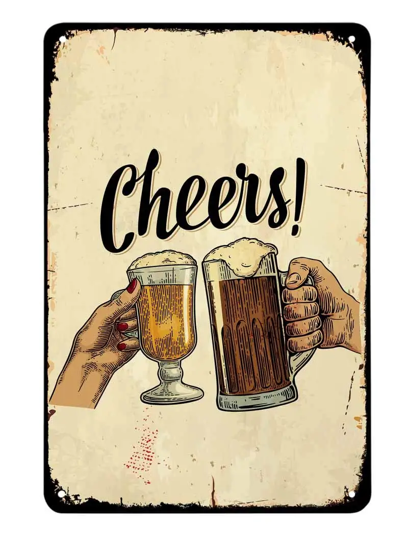 AOYEGO Beer Tin Sign,Cheers Hand Bar Glass Celebration Cup Full Liquid Drinks Vintage Metal Tin Signs for Cafes Bars Pubs S sign