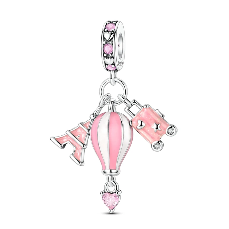 925 Sterling Silver Charms Bead Zircon Pink Eiffel Tower Hot Air Balloon Lug Dangle Fit Original Bracelet DIY Women Jewelry Gift
