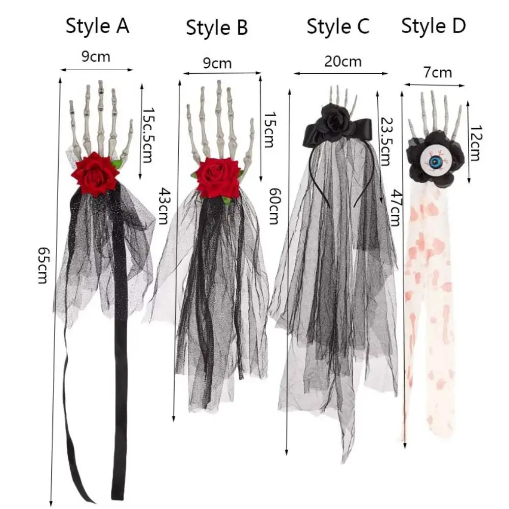 Headwear Punk Style Hand Bone Hair Clip with Rose Long Mesh Halloween Head Buckle Simulation Barrettes Costume Prom