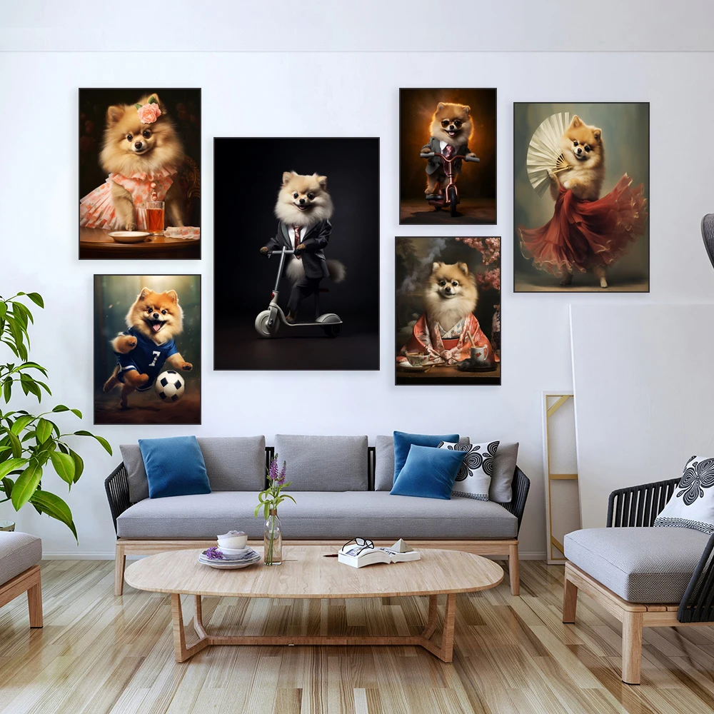 Pomeranian in kimono, suit dancing, kicking ball, playing scooter pet poster, Pomeranian portrait art, dog living room decoratio