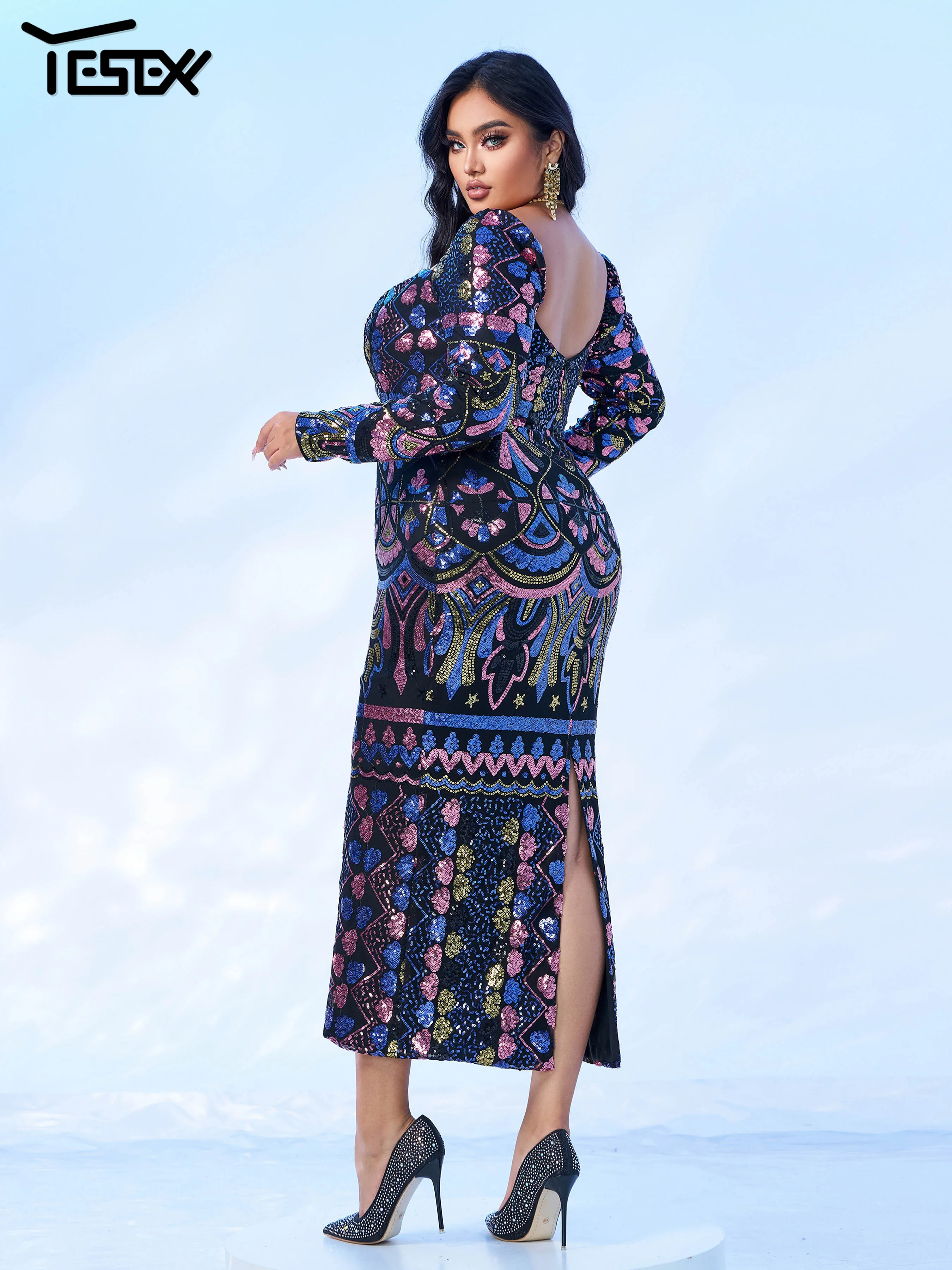 Yesexy New Plus Size Birthday Party Dress Square Neck Long Sleeved Midi Length Sequin Evening Gown Cocktail Prom Dress