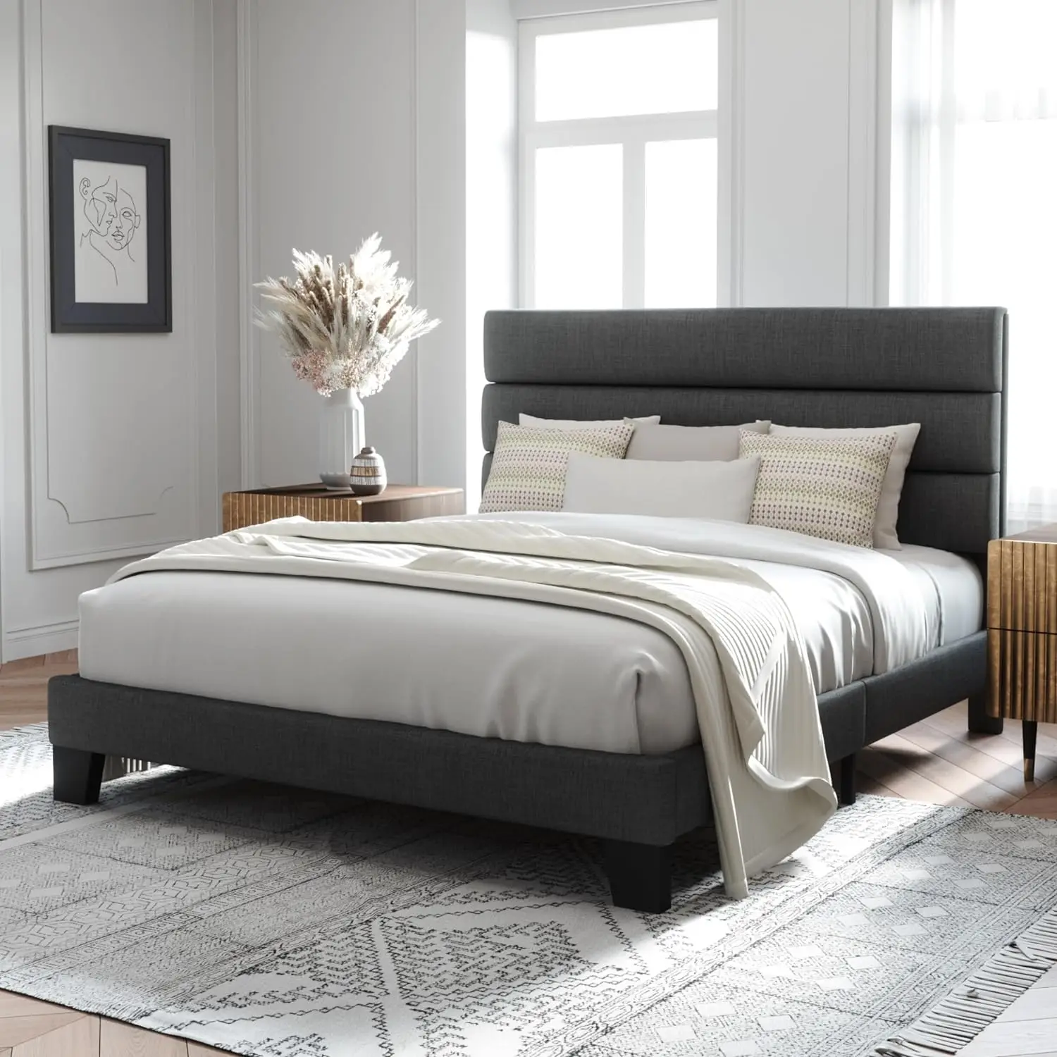 Full/Queen/King Size Platform Bed Frame with Fabric Upholstered Headboard and Wooden Slats Support, Fully Upholstered Mattress