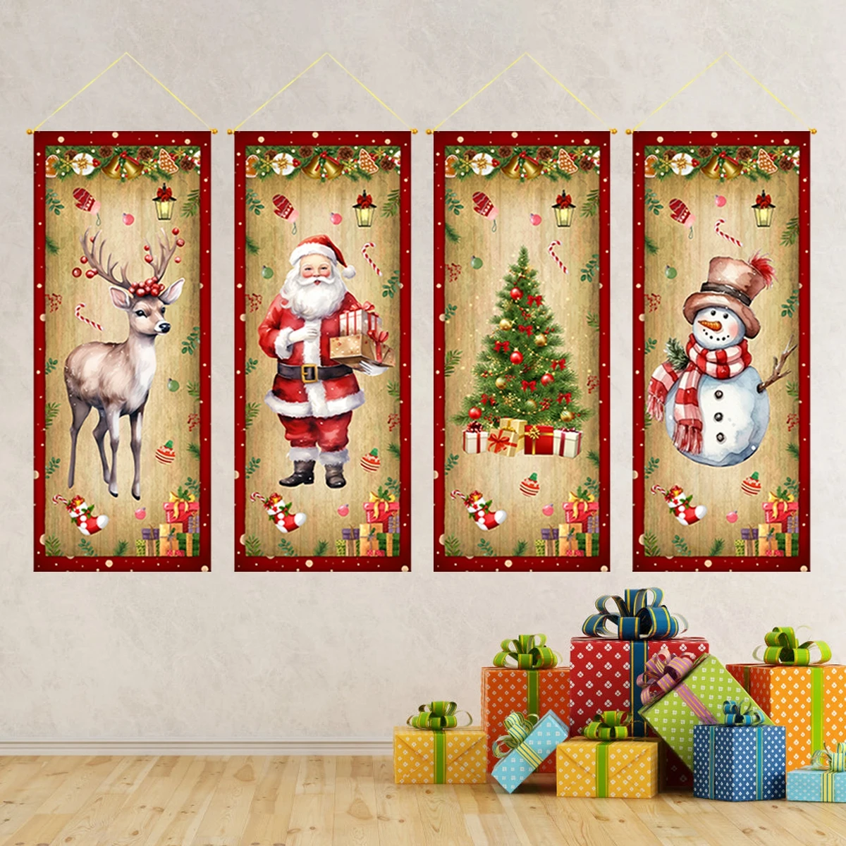 

4pcs Christmas Hanging Flag Porch Door Banner Christmas Decorations For Home 2024 Ornaments Xmas Gifts Navidad New Year Decor