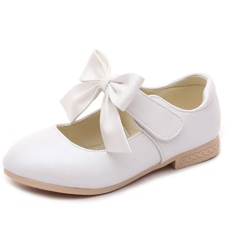 Zapatos de boda para niños, calzado de cuero con lazo para niña, color dorado, rosa y blanco, para primavera y otoño, zapatos planos con flores,