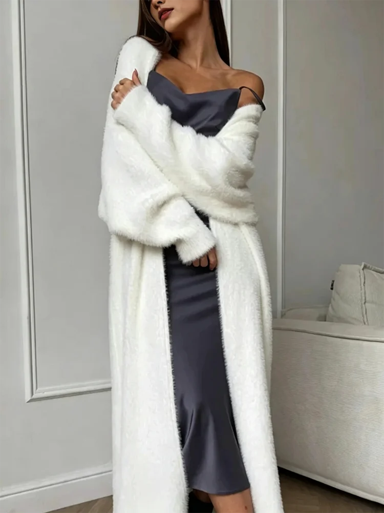 JULISSA MO Autumn Winter New Warm Velvet Knitted Women Coat White Long Sleeve Cardigan Coat Female Loose Lengthen Casual Clothes