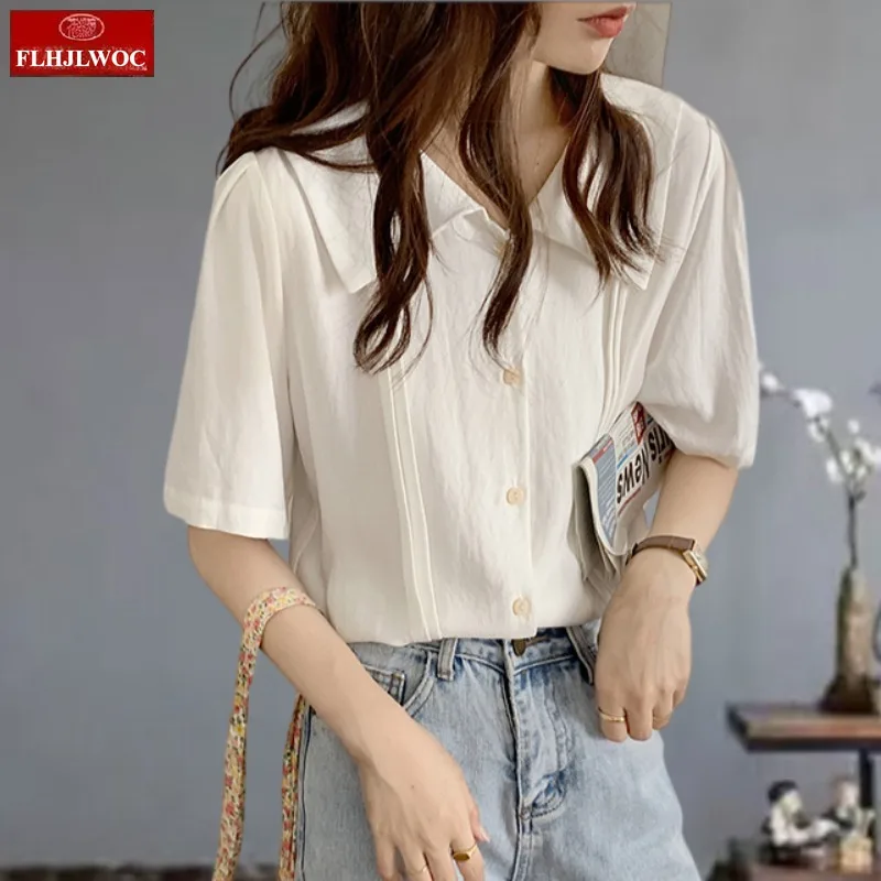 Mélanges de coton hauts chemisiers nouveau 2025 été mignon doux filles Style Preppy à manches courtes rétro Vintage bouton chemises blanches