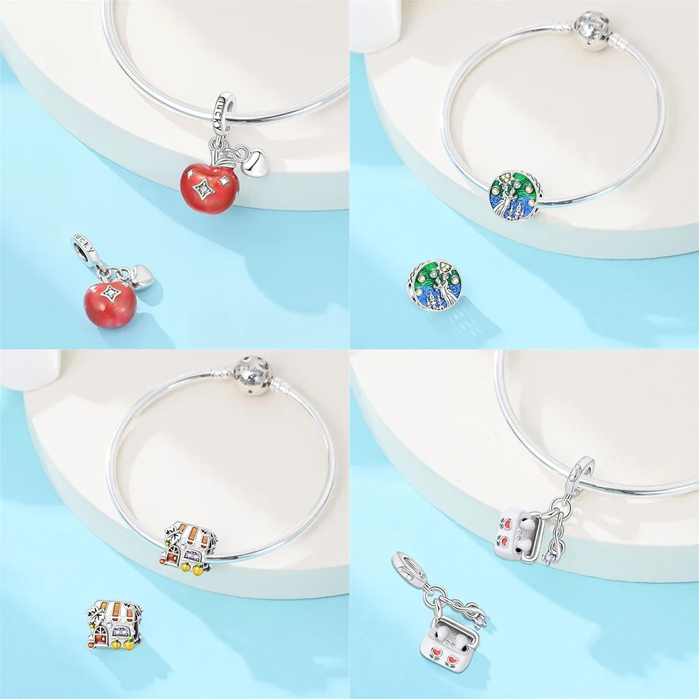 

Розовый музыкальный микрофон с цветком розы Lucky Apple, белые наушники, серебряная бусина 925, подходит для женского браслета, подарок на день Святого Валентина, ювелирные изделия своими руками