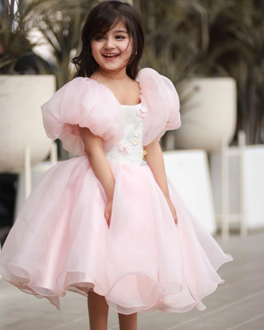 Pink Flower Girl Dress For Wedding Applique Puffy Bubble Sleeve Elegant Princess Ball Gowns Pageant Party Birthday Girls Dresses