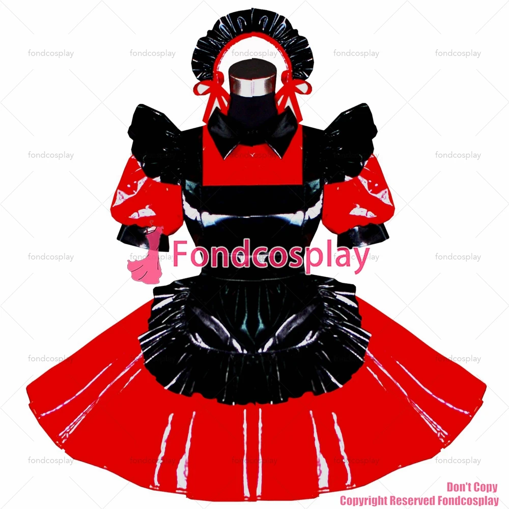 

fondcosplay adult sexy cross dressing sissy maid Red heavy Pvc Dress Lockable Uniform black apron Costume Custom-made[G492]