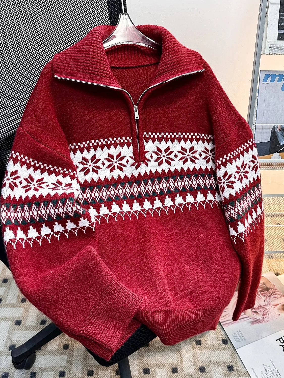 

Winter Casual Knitted Sweater f Zip Ne Loose Fit ex Fce Warm Breathable Couple Outerwear with Patchwork And ...